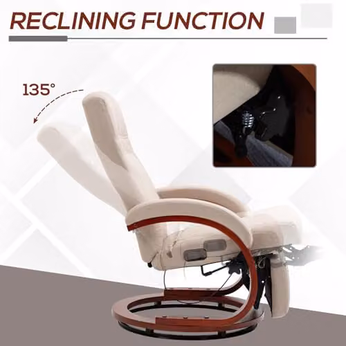 HOMCOM 360 Swivel Recliner Chair with Ottoman and Solid Wood Frame, Manual Fabric Armchair in Beige – 3