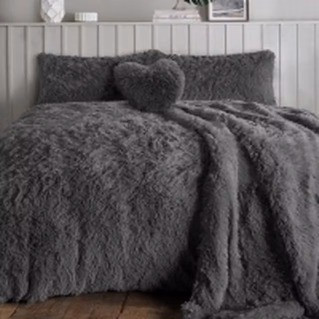 Homes-Linen Alaska Long Fur Teddy Fleece Duvet Cover Set in Grey, 200 x 200 cm