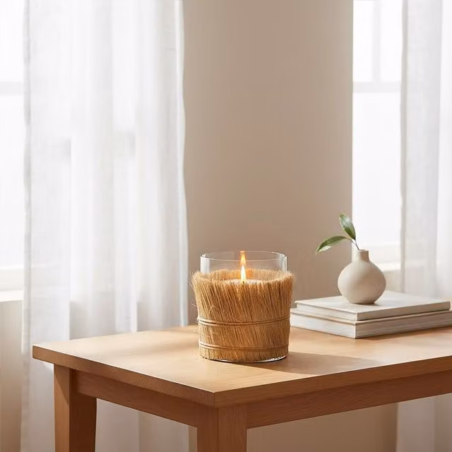 Orsina Modern Round Glass and Rattan Candle Holder in Beige, Brown and Transparent – 2