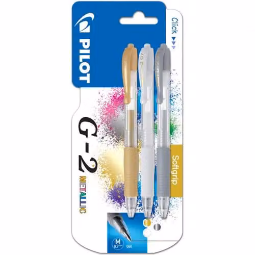 Pilot G-207 Retractable Gel Rollerball Pens, Medium Line, Triple Blister Pack in Gold, Silver and White