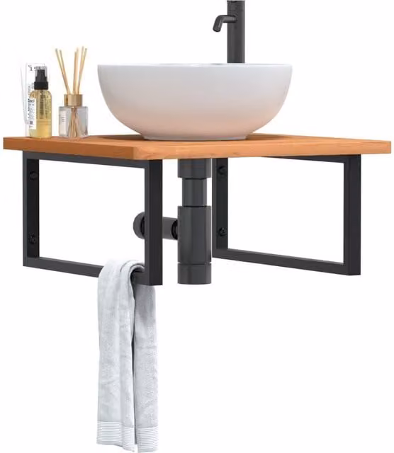 Berkfield Home Wall Mounted Basin Shelf in Brown Steel and Solid Beech Wood