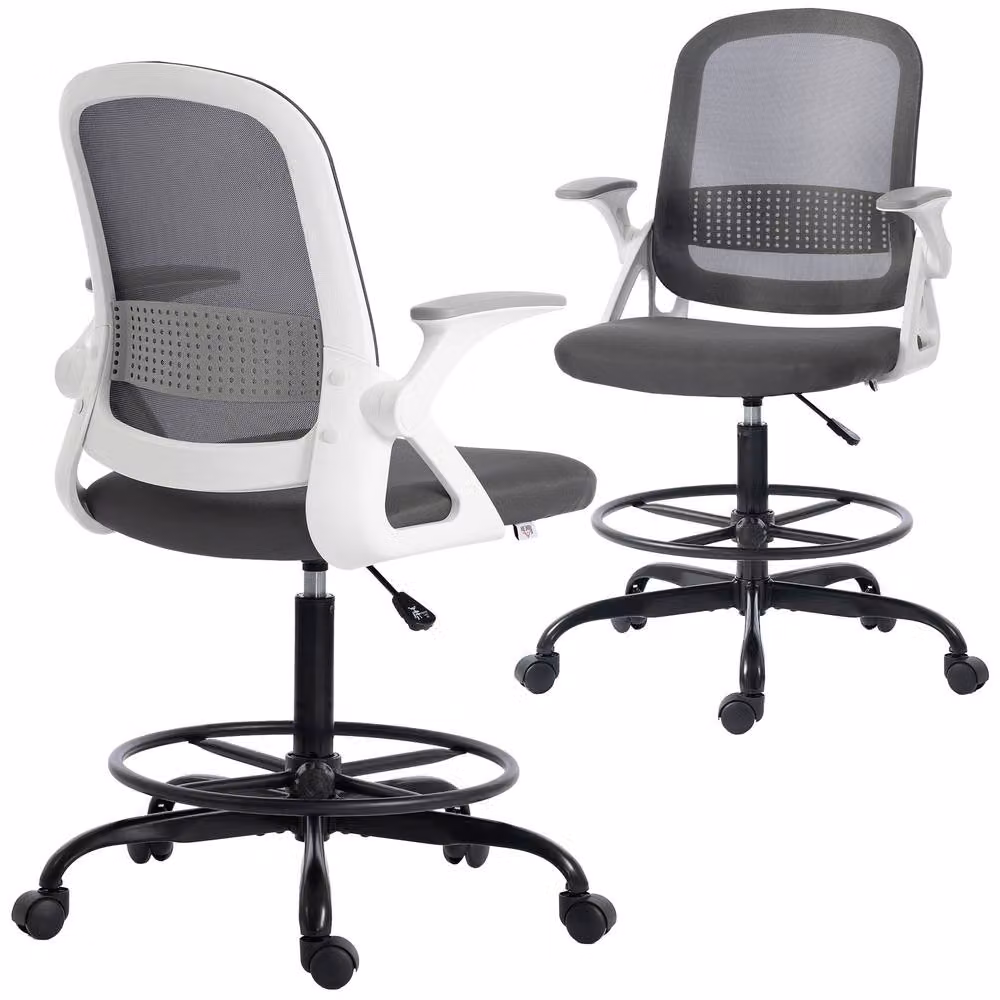 HOMCOM Grey Mesh Drafting Chair with Flip-up Armrests and Castors – 2