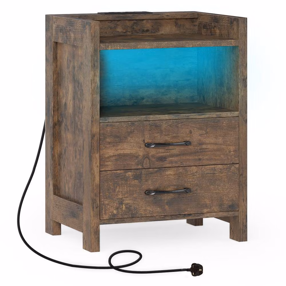 Gymax Modern Brown Nightstand with Integrated LED Lighting and Power Outlets – 9