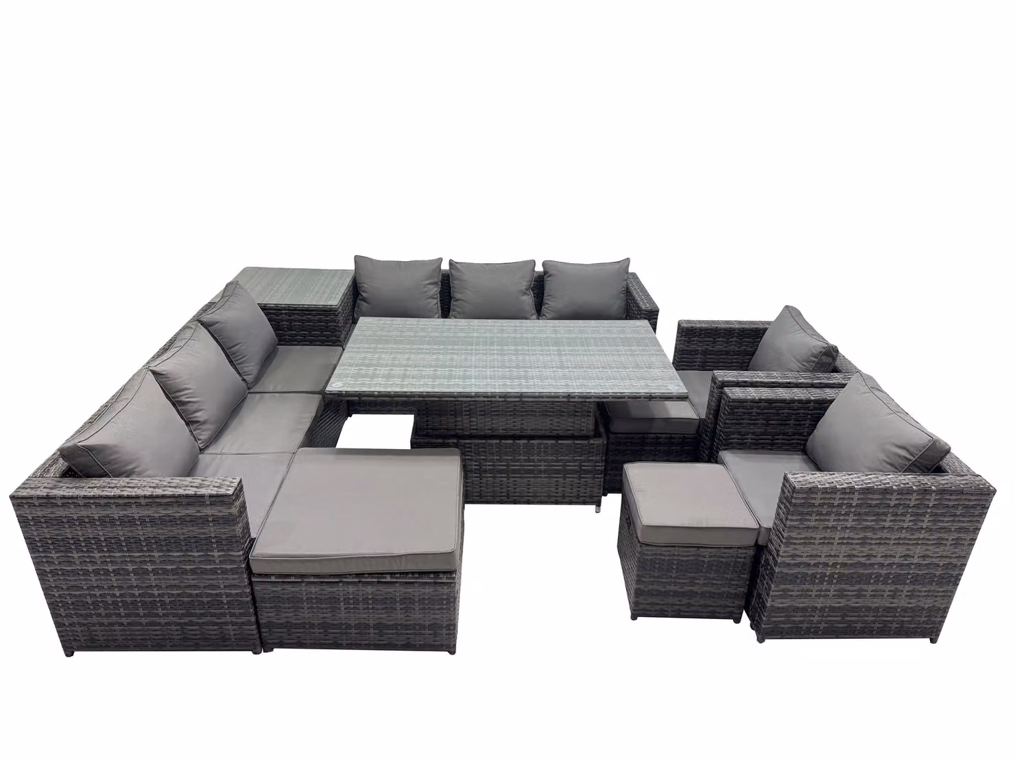 Fimous 11 Seater Outdoor Garden Rattan Furniture Set with Side Table and 3 Stools in Dark Grey – 2