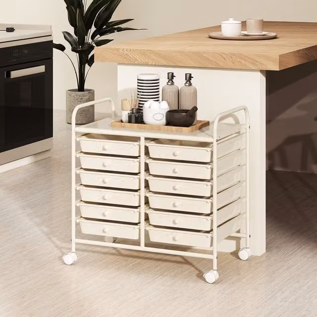 COSTWAY White Metal Utility Storage Cart with 12 Drawers and Castors