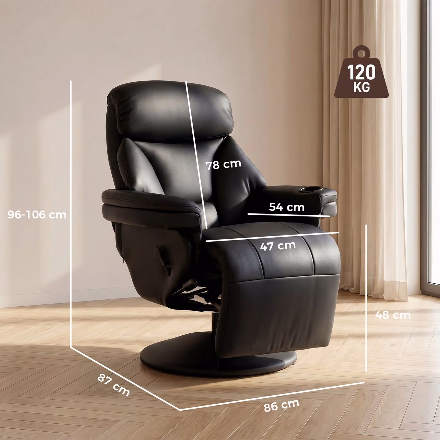 HOMCOM Black Upholstered Manual Reclining Armchair with Synthetic Leather and Metal Frame – 3