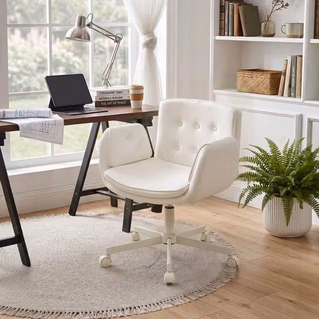 Livingandhome Modern White Synthetic Leather Task Chair with Armrests and Castors for Home Office