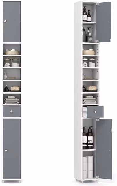 Gymax Slim White Bathroom Tall Linen Tower with 2 Doors and 1 Drawer