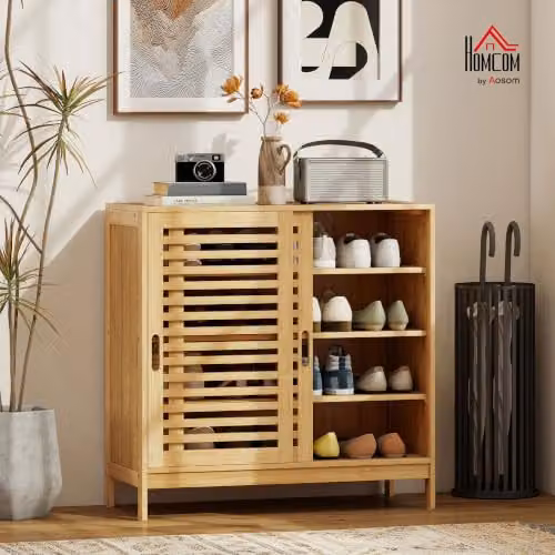 HOMCOM Bamboo Shoe Cabinet with 2 Sliding Slat Doors in Natural, W/D/H: 80 x 35 x 80 cm – 2