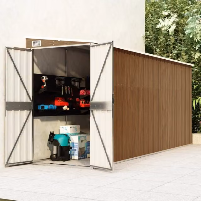 Berkfield Home Wall-mounted Lean-to Garden Shed in Brown, Galvanised Steel with Double Doors, W: 118 cm, D: 382 cm, H: 178 cm – 1