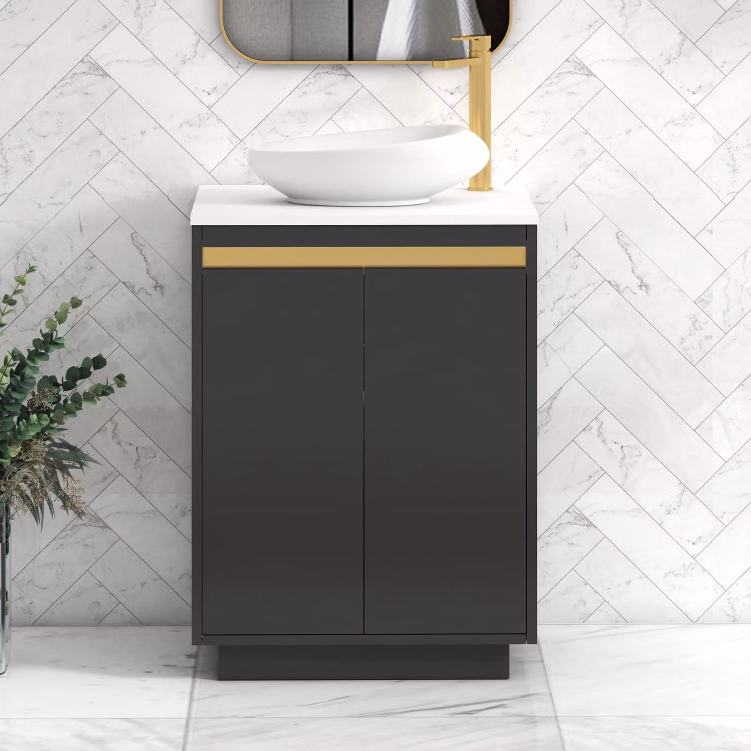 Royal Bathrooms Orion 600mm Floor Standing 2 Door Vanity Unit with Nova Basin in Matt Obsidian Black and Plain White with Brushed Brass Accent Trim