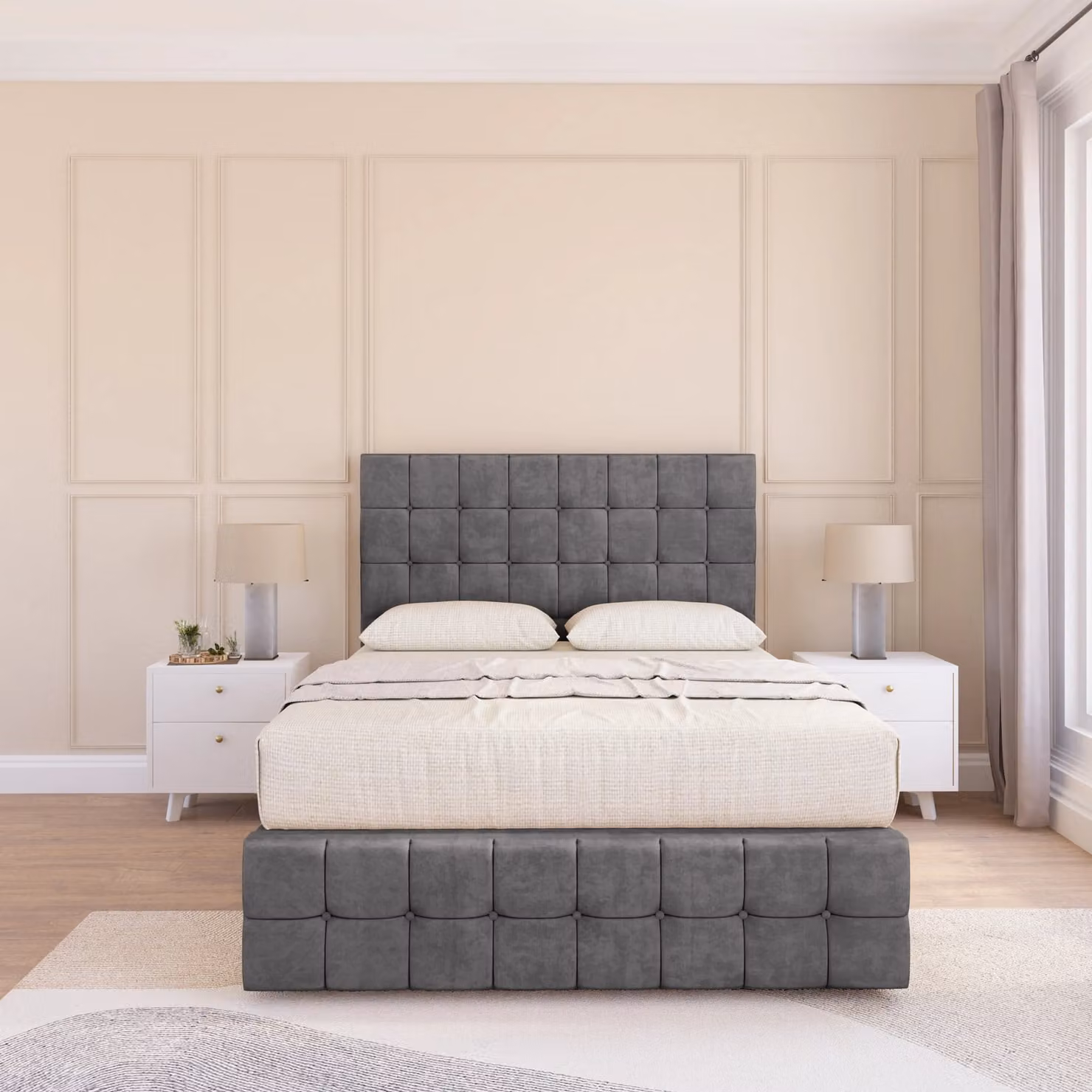 Sloomy Berlin Chesterfield Divan Bed Base with Headboard in Grey Velvet, W/D/H: 120 x 200 cm