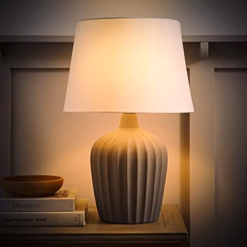 ValueLights Serena Natural Tapered Linen Lamp Shade Ribbed Ceramic Table Lamp in Grey – 3