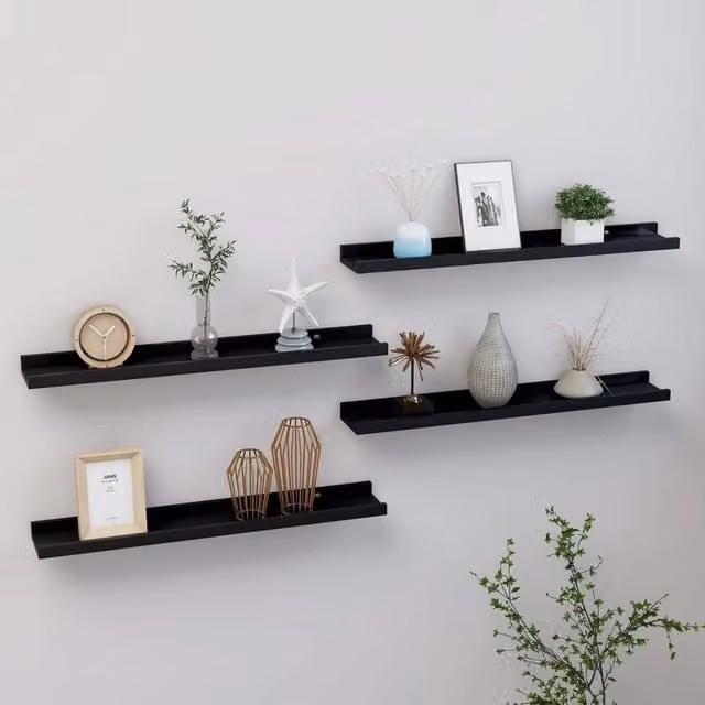Berkfield Home Set of 4 Wall Mounted Shelves, Black, W: 60 cm, D: 9 cm, H: 3 cm – 1