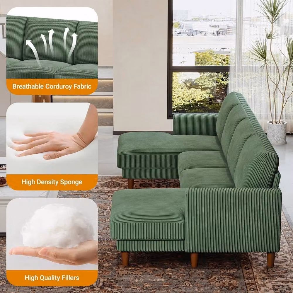 Dprodo Green U-Shaped Sectional Sofa with Solid Wood Frame and Scatter Cushions – 5