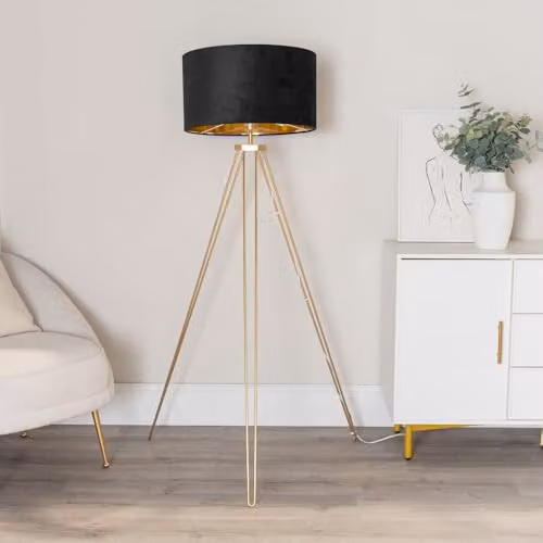 ValueLights Aero Gold Tripod Floor Lamp with Black Velvet and Gold Inner Cylinder Shade – 2
