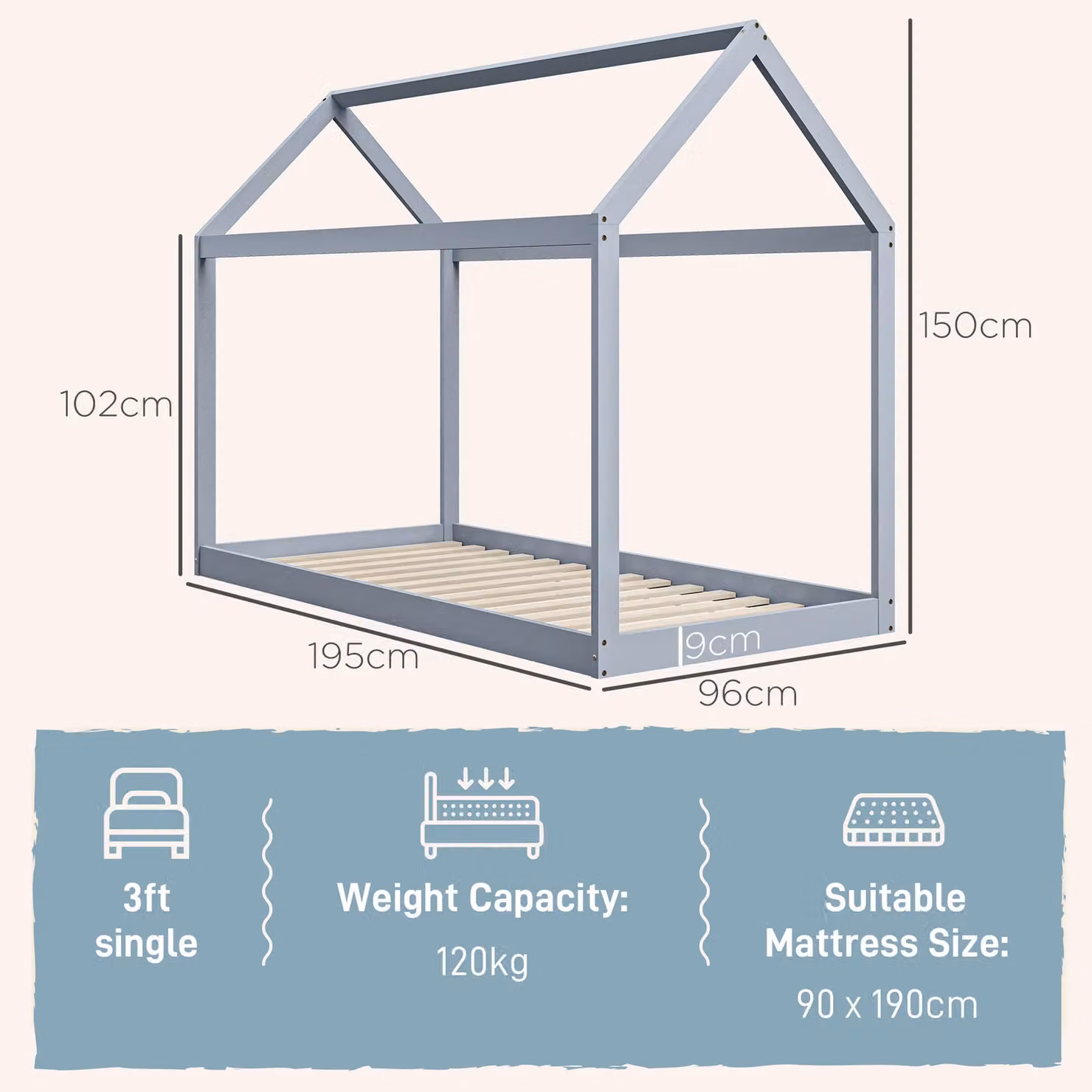 HOMCOM Solid Wood Single Childrens Bed Frame in Tree House Style, Grey – 2