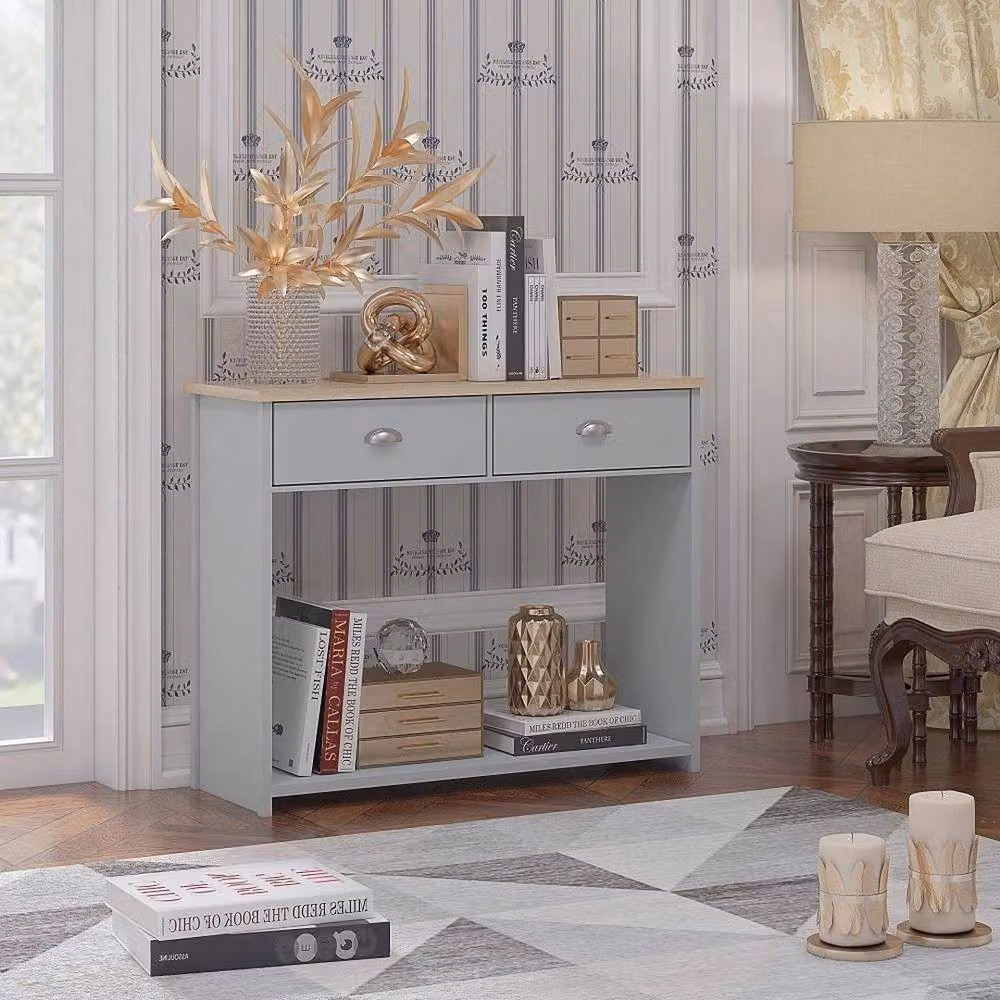 ERGOVEXA Grey and Oak Console Table with Two Drawers and a Bottom Shelf – 3