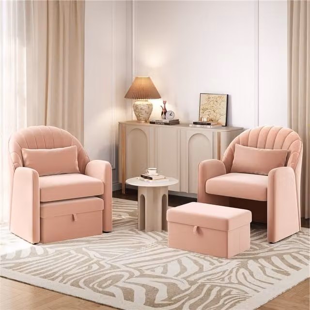 Yaheetech Pink Velvet Tub Armchair with Storage Footrest
