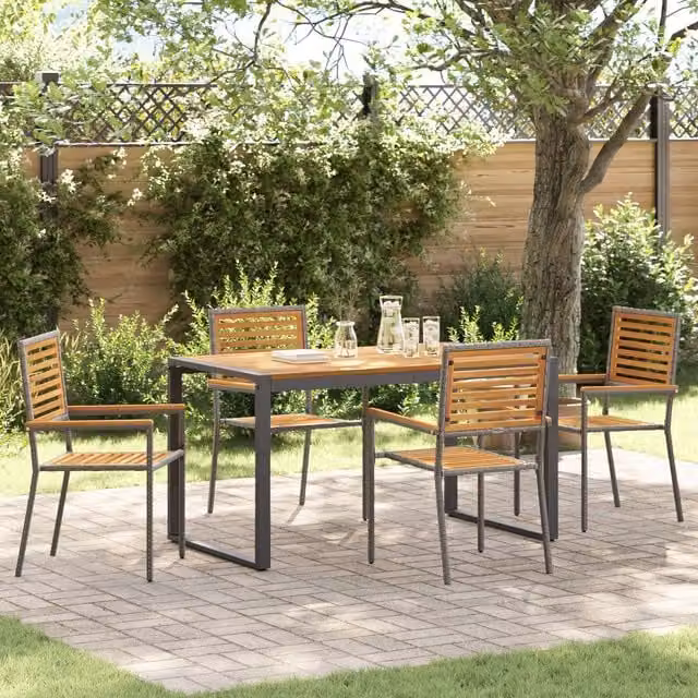 Berkfield Home 5 Piece Grey Poly Rattan and Acacia Wood Garden Dining Set – 1