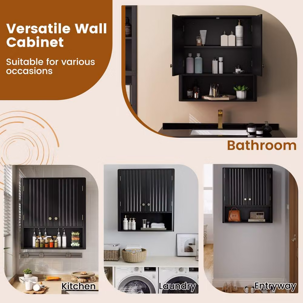 Costway Modern Fluted Black Wall Mounted Double Door Bathroom and Kitchen Cabinet with Internal Shelves – 9