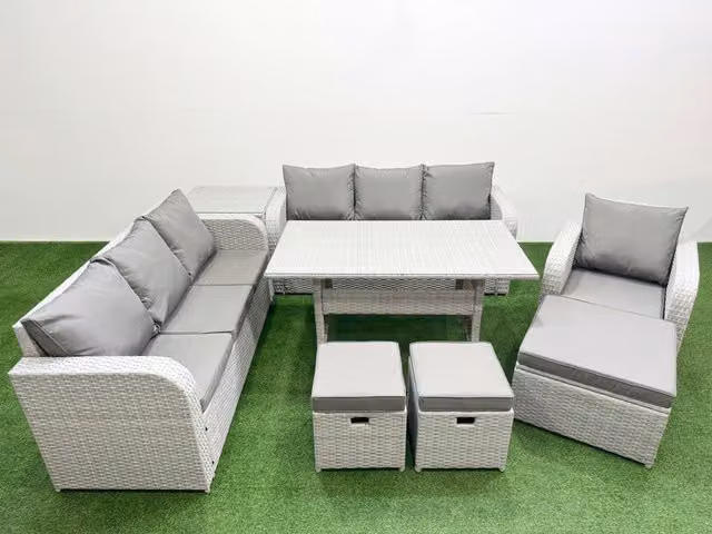 Fimous 10 Seater Poly Rattan Outdoor Garden Furniture Set in Grey with Rectangular Dining Table, 3 Seater Sofas, Reclining Chair and 3 Stools