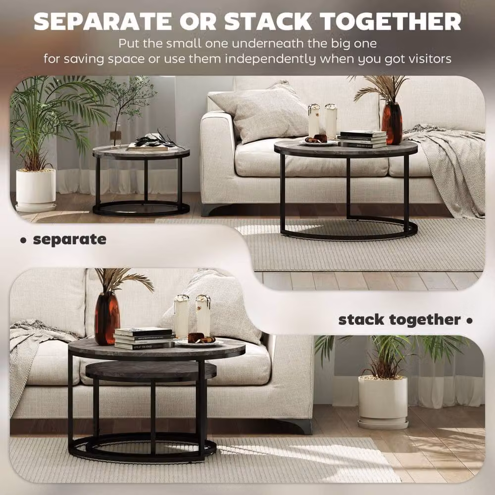 Wyld Haus Reniso Set of 2 Round Nesting Coffee Tables with Dark Grey Marble Effect Tops – 5