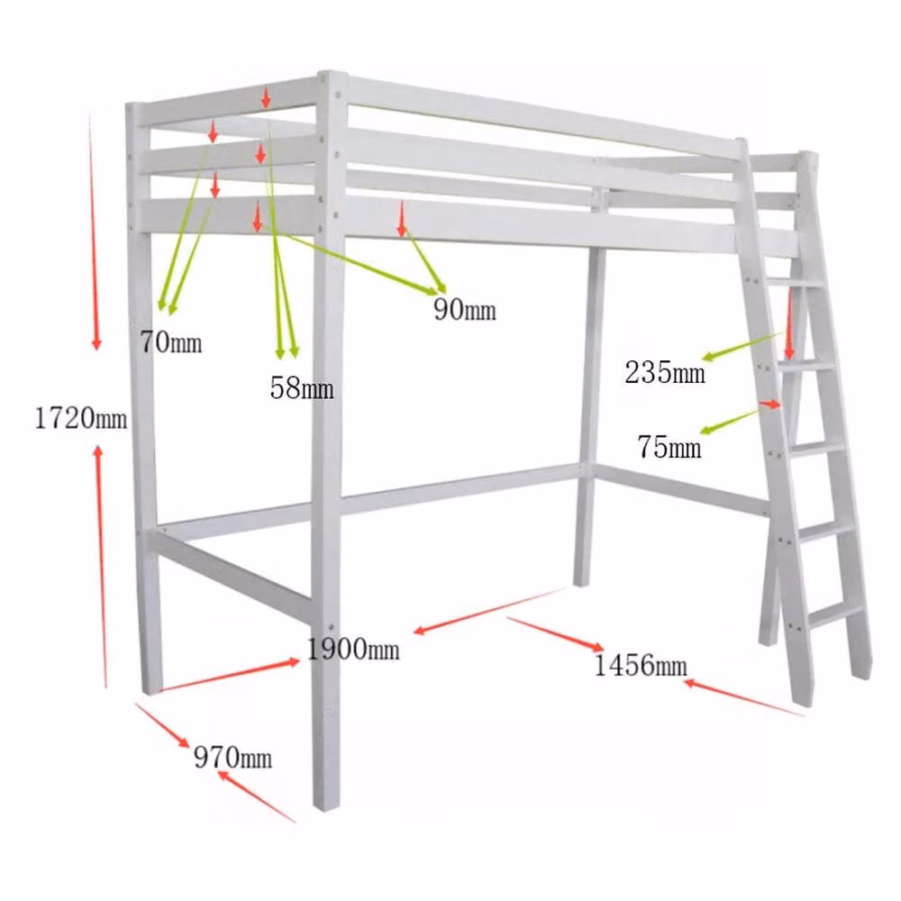 FORGEVIO High Sleeper Bunk Bed Loft Cabin Bed in White Solid Pine W/D/H: 190 x 90 x 172 cm – 2