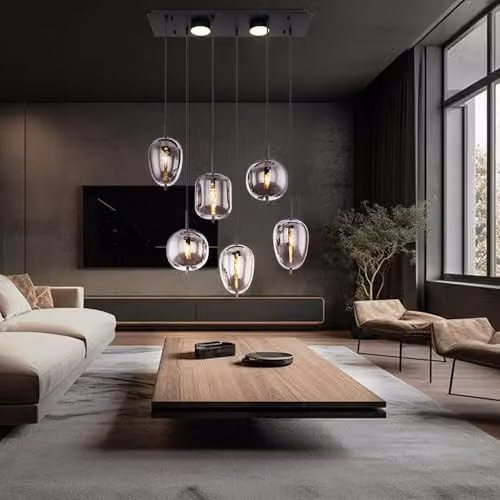 Globo Lighting Modern Suspended Pendant Light with 6 Smoke Glass Shades in Black and Grey, E14, Height Adjustable – 3