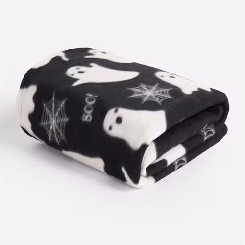 OHS Halloween Ghost Print Fleece Throw Blanket, Black, W/D/H: 120 x 150 cm