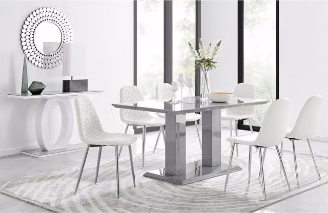 FurnitureboxUK Imperia Grey Glass Rectangular Dining Table and 6 Corona Silver Leg Chairs in White