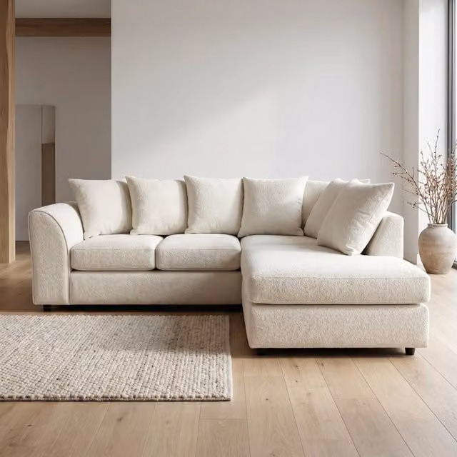 Abakus Direct Harriet Boucle Fabric Right Facing Corner Sofa with Chaise and Scatter Cushions in Cream – 1