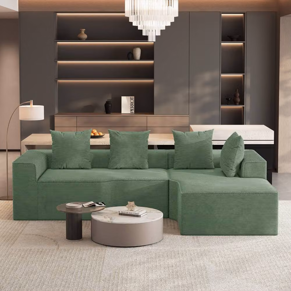Dprodo Green Corduroy Right L-Shaped Modular Sofa with Scatter Cushions, Width: 320 cm – 2