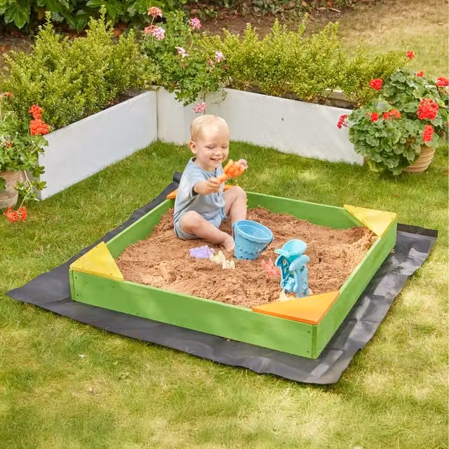 Liberty House Toys Kids Basic Wooden Sandpit in Green and Yellow