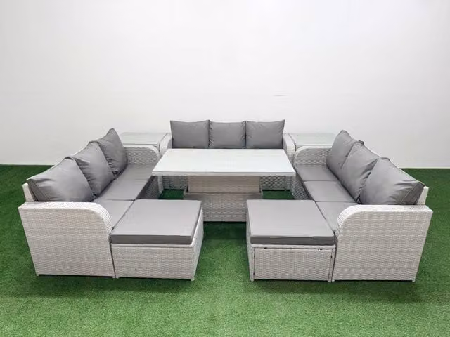 Fimous 11 Seater PE Rattan Outdoor Garden Furniture Set in Grey with Adjustable Lifting Dining or Coffee Table, 3 Seater Sofa and 2 Large Footstools