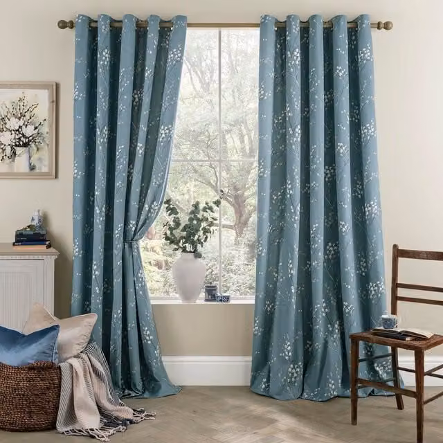 Laura Ashley Pussy Willow Floral Eyelet Curtains in Dark Seaspray