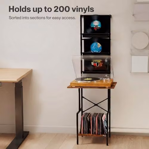 Levede Freestanding Vinyl Record Storage Cabinet with 2 Shelves and 3 Fabric Racks in Brown and Black – 7