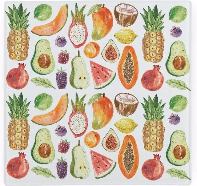 Purely Home Watercolour Fruits Large Square Glass Worktop Protector and Chopping Board in Orange and Multicolour