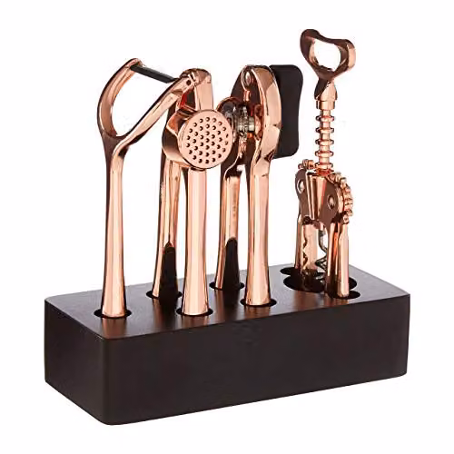 Orsina 5-Piece Gold and Black Kitchen Utensil Set with Black Block, Corkscrew, Can Opener, Garlic Press and Peeler – 1