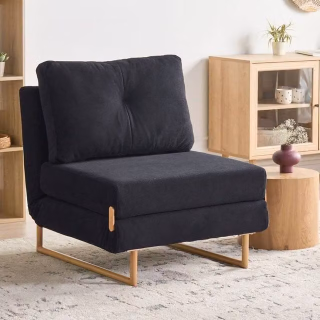 Wyld and Coco One Person Fold Out Sofa Bed in Black Fabric with 5 Position Reclining and Metal Frame