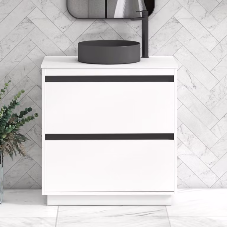 Royal Bathrooms Orion 800mm Matt White Floor Standing 2 Drawer Vanity Unit with Art Round Basin and Black Accent Trim