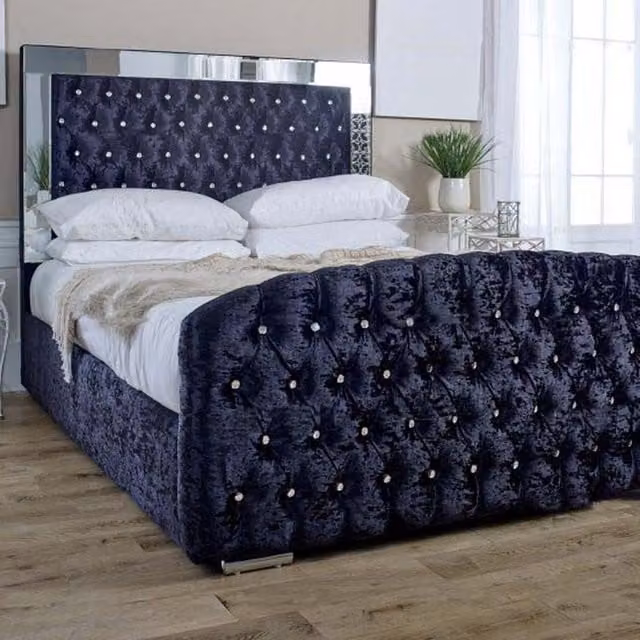 Paradise Beds Ltd Isabella Mirror Upholstered Ottoman Storage Bed in Black Velvet, W/D/H: 200 x 200 cm