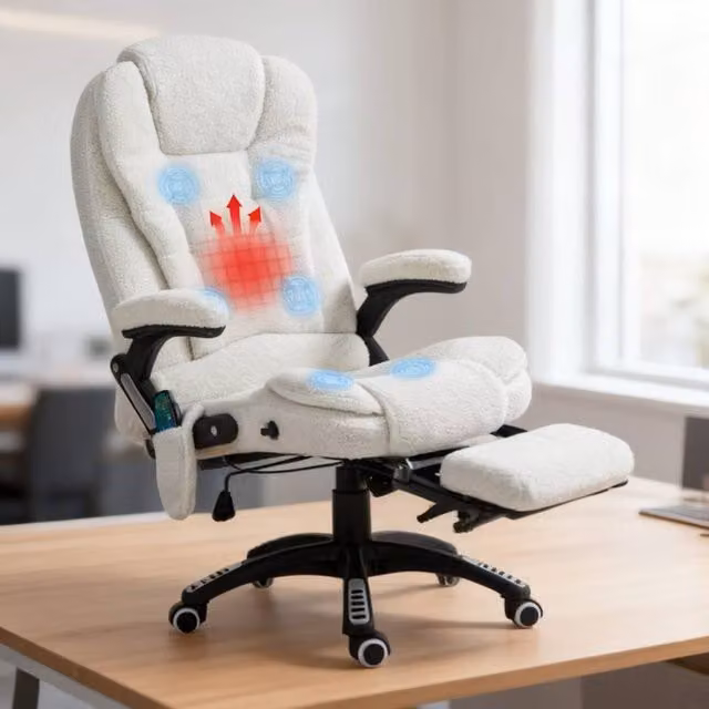 ERGOVEXA White Boucle Fabric Six-Point Massage Executive Office Chair with Armrests and 360 Degree Swivel