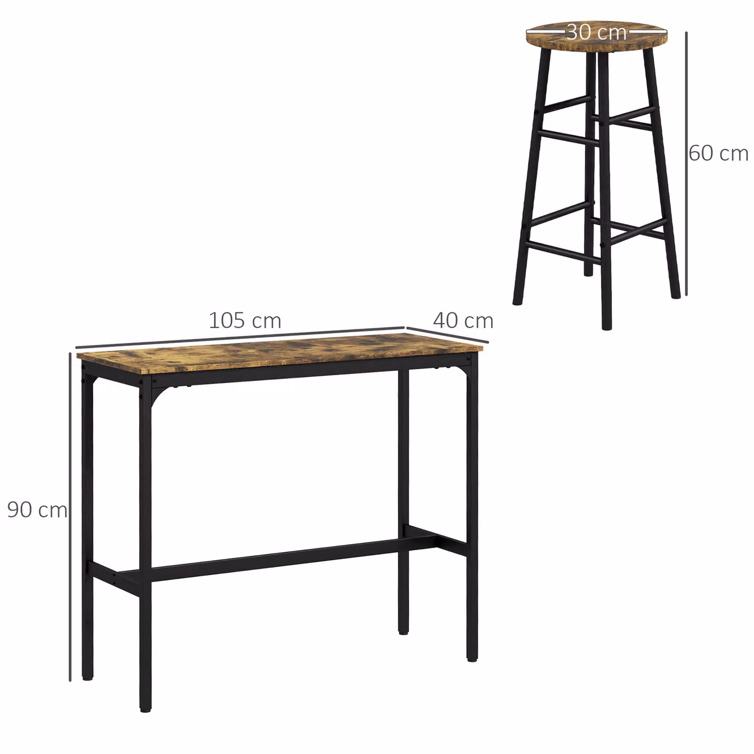 HOMCOM 3 Piece Industrial Bar Table and Stool Set in Oak and White – 3