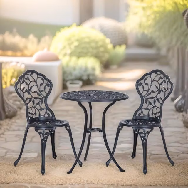 FURNOS Set of 3 Black Cast Aluminium Bistro Table and Chairs with Floral Leaf Design – 1