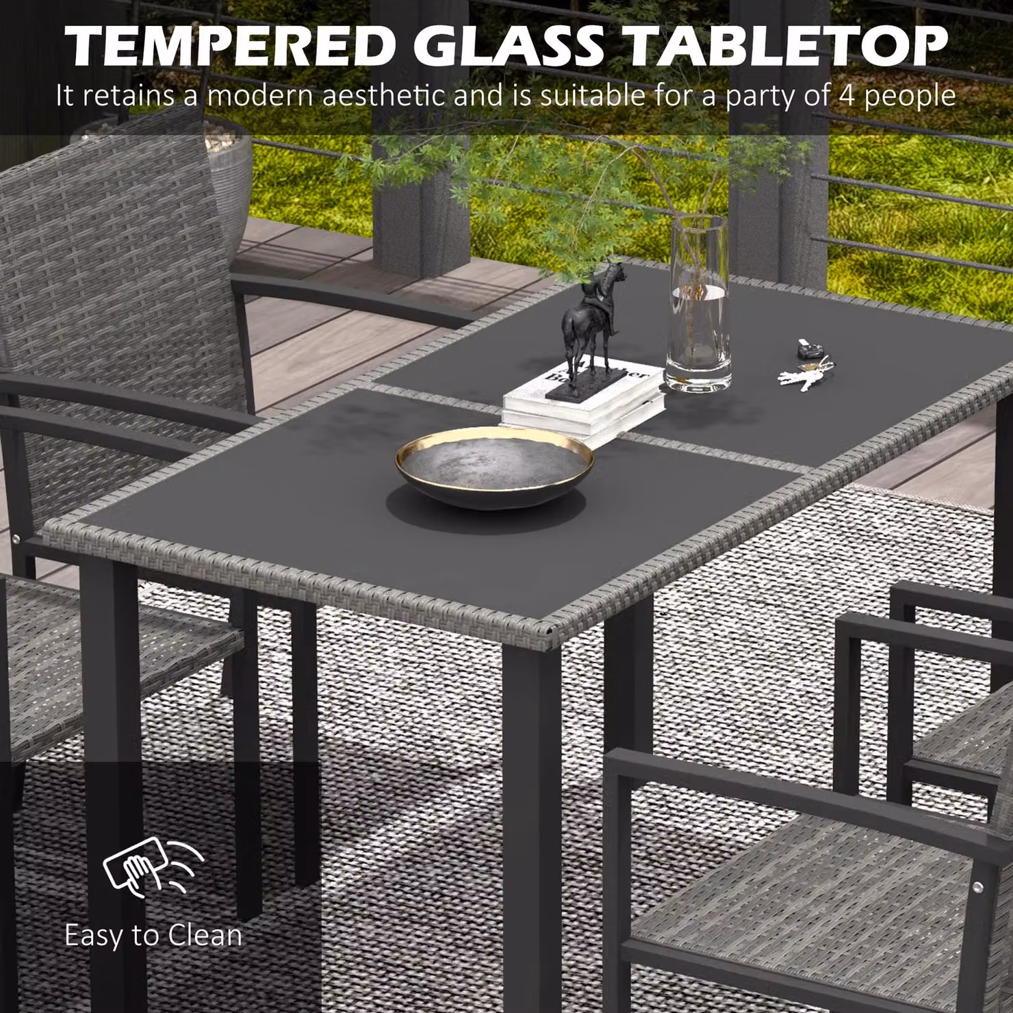 OUTSUNNY 4 Seater Grey Rattan Garden Furniture Set with Glass Tabletop – 4