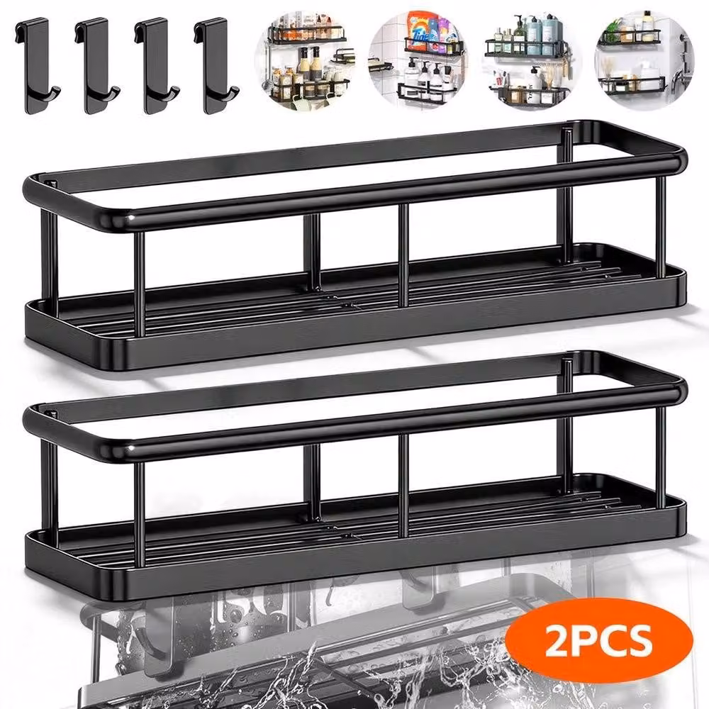NESTLUNE Black Metal Wall Mounted Shower and Storage Rack with Hooks – 2
