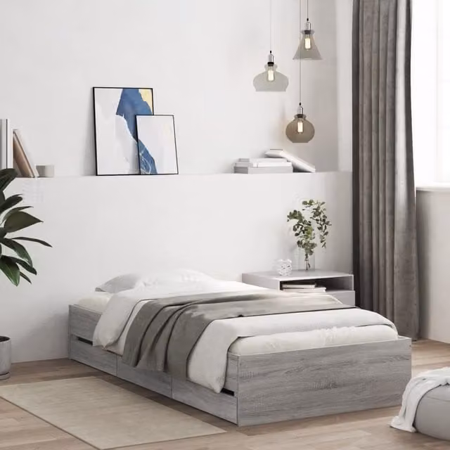 Berkfield Home Single Bed Frame with Drawers in Grey Sonoma, W/D/H: 90 x 190 cm
