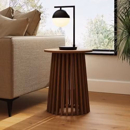 GFW Kaleb Round Side Table with Slatted Base in Walnut Finish, W/D/H: 40 x 40 x 50 cm – 1