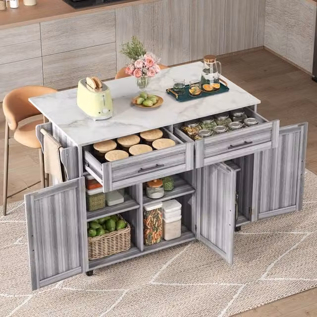 Merax Kitchen Island Trolley with Foldable Tabletop and Storage Cabinet Drawers in Grey, W/D/H: 91.5 x 71.0 x 71.0 cm